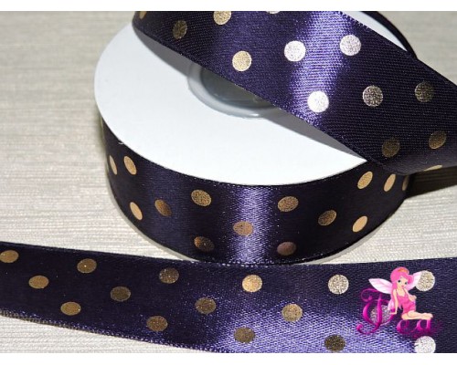 Атласная лента 25 мм в горошек золотой, цв.  фиолетовый