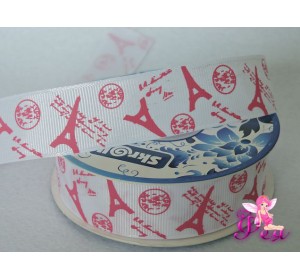 Лента репсовая 25 мм с рисунком "Башня", цв. розовый