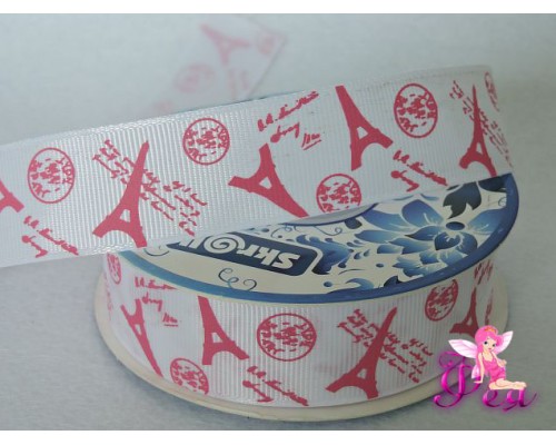 Лента репсовая 25 мм с рисунком "Башня", цв. розовый