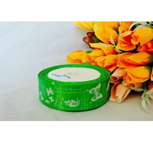 Лента атласная с рисунком, 25 мм* 23 м, цв. зеленый с бабочками и надпись