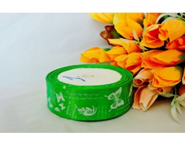 Лента атласная с рисунком, 25 мм* 23 м, цв. зеленый с бабочками и надпись