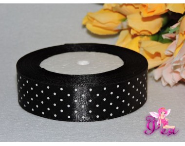 Атласная лента 25 мм с рисунком "Мелкий белый горох", черного цвета - 1 м