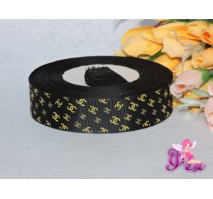 Репсовая лента с рисунком "Шанель золото" 25мм универсального черного цвета - 1м