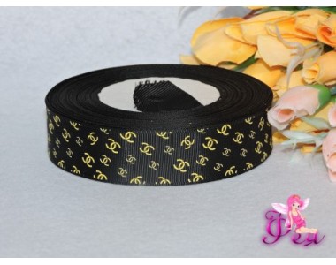 Репсовая лента с рисунком "Шанель золото" 25мм универсального черного цвета - 1м