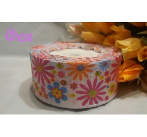 Атласная лента с рисунком 40мм, цв. белый в большие разноцветные цветы