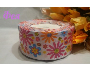 Атласная лента с рисунком 40мм, цв. белый в большие разноцветные цветы