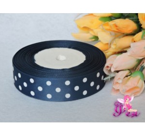 Репсовая лента 25 мм с рисунком "Крупный белый горох", темно-синего цвета - 1м