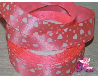 Атласная лента  25 мм, с рисунком "Сердечки", цв. розовый -1 м
