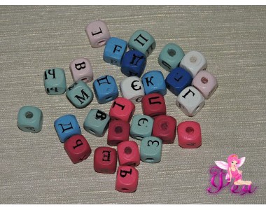 Бусины деревянные квадратные "Буквы" 10мм, цв. ассорти - 50 г.