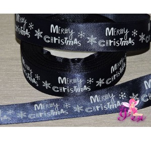 Атласная лента с рисунком  25 мм темно-синего цвета с надписью "Merry Cristmas"