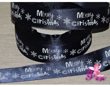 Атласная лента с рисунком  25 мм темно-синего цвета с надписью "Merry Cristmas"