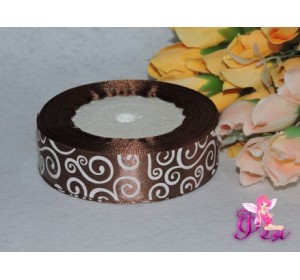 Атласная лента 25 мм коричневого цвета с рисунком "Завитки"