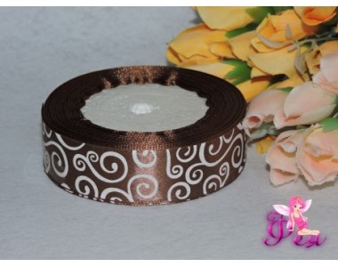 Атласная лента 25 мм коричневого цвета с рисунком "Завитки"