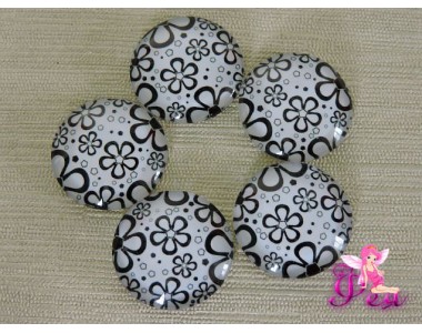 Кабошон стеклянный с рисунком 25мм, "Цветы (черный контур)"