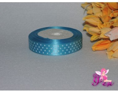 Лента атласная с рисунком 20 мм " Мелкий белый горошек", цв. бирюзовый