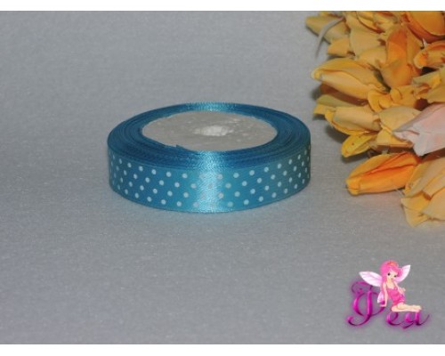 Лента атласная с рисунком 20 мм " Мелкий белый горошек", цв. бирюзовый