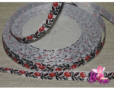 Репсовая лента 10 мм белого цвета с узором "Красный цветок с черным стеблем"