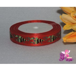 Лента атласная 15 мм с рисунком "Новогодняя елка" красный