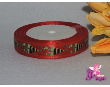 Лента атласная 15 мм с рисунком "Новогодняя елка" красный