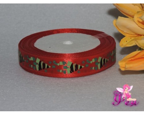 Лента атласная 15 мм с рисунком "Новогодняя елка" красный
