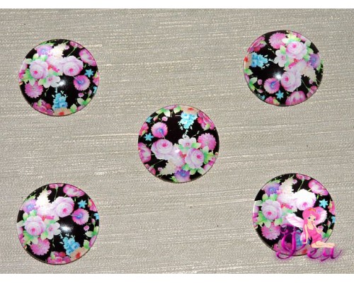 Кабошон стеклянный с рисунком 25 мм "Цветочки" - 1шт