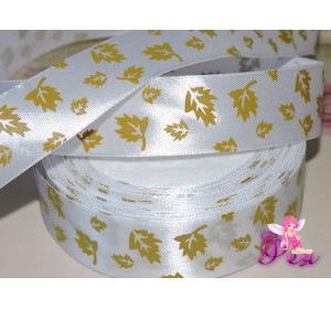 Лента атласная 25 мм, с рисунком "Листья", цв. белый- 1м