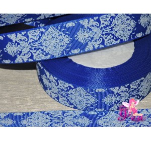 Лента репсовая 25 мм с рисункам "Дамаск", цв. белый/синий