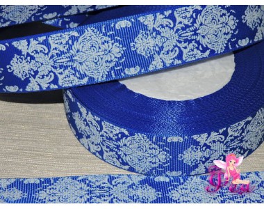 Лента репсовая 25 мм с рисункам "Дамаск", цв. белый/синий