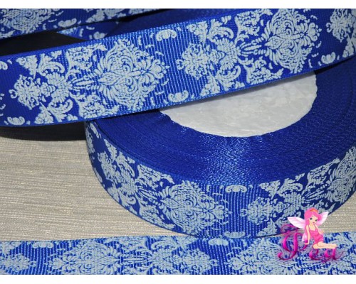 Лента репсовая 25 мм с рисункам "Дамаск", цв. белый/синий