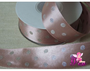 Атласная лента 25 мм в горошек серебряный, цв. розовый