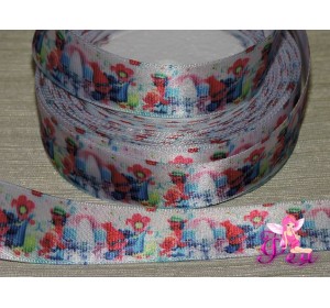 Атласная лента с рисунком (мультики, 3D) 25мм , "Тролли" (Присутствует дефект (размытый рисунок)!