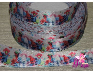 Атласная лента с рисунком (мультики, 3D) 25мм , "Тролли" (Присутствует дефект (размытый рисунок)!