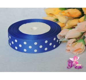 Репсовая лента 25 мм синего цвета с рисунком "Белый крупный горох"