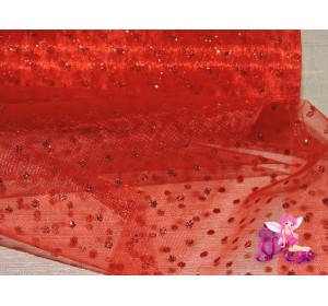 Органза с блестками, средняя жесткость, ширина 15 см, цв. красный ( отрез 1 м)