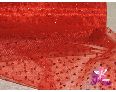 Органза с блестками, средняя жесткость, ширина 15 см, цв. красный ( отрез 1 м)