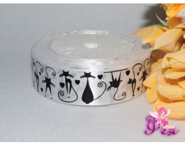 Атласная лента белого цвета с рисунком "Кошки" 25мм