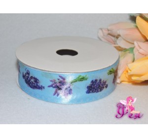 Атласная лента 25 мм с рис. "Лаванда", цв. голубой