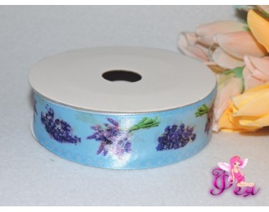 Атласная лента 25 мм с рис. "Лаванда", цв. голубой
