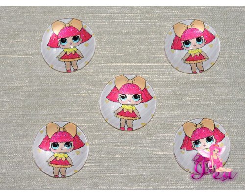 Кабошон стеклянный с рисунком 25 мм "ЛОЛ  с оранжевым бантиком" - 1шт
