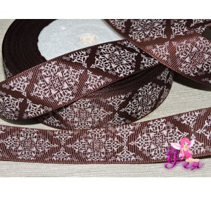 Лента репсовая 25 мм с рисункам "Узор", цв. коричневый