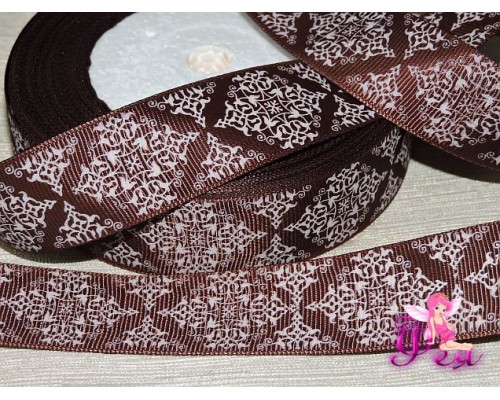 Лента репсовая 25 мм с рисункам "Узор", цв. коричневый