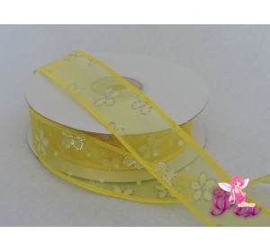 Лента органза с рисунком "Цветочки" с блестками, желтый