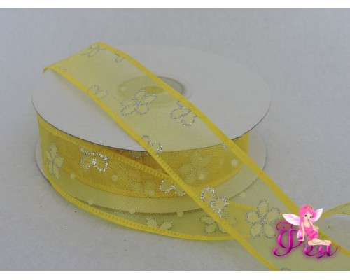 Лента органза с рисунком "Цветочки" с блестками, желтый