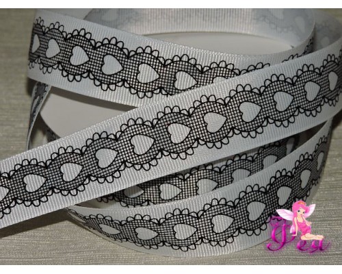 Лента репсовая 25 мм с рисунком "Кружево", цв. белый