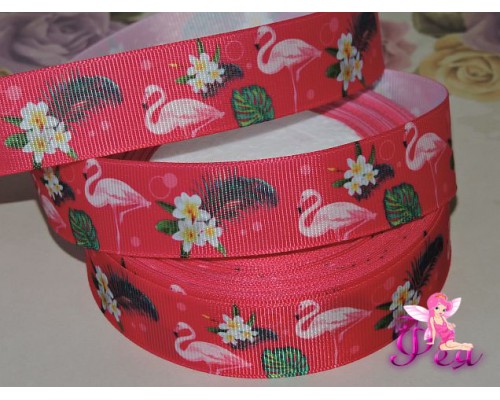 Лента репсовая 25 мм с рисунком "Фламинго", цв. малиновый - 1м