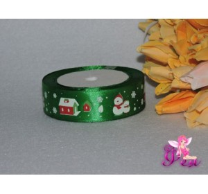Атласная лента "Снеговик" 25 мм, цвет зеленый