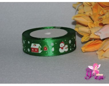 Атласная лента "Снеговик" 25 мм, цвет зеленый