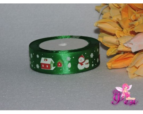Атласная лента "Снеговик" 25 мм, цвет зеленый