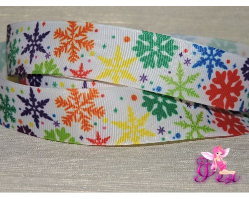 Репсовая лента 25 мм с рисунком "Снежинки разноцветные"