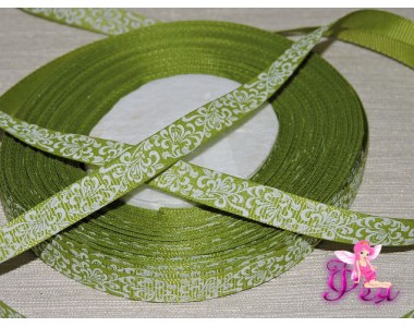 Репсовая лента 10мм, цвета травы с рисунком "Белый расписной узор"
